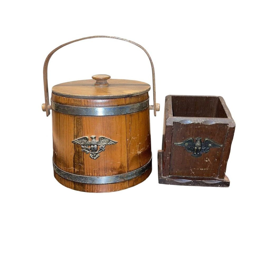 VTG MCM Basketville Metal American Eagle w/Stars Wood Barrel Basket & Square Box